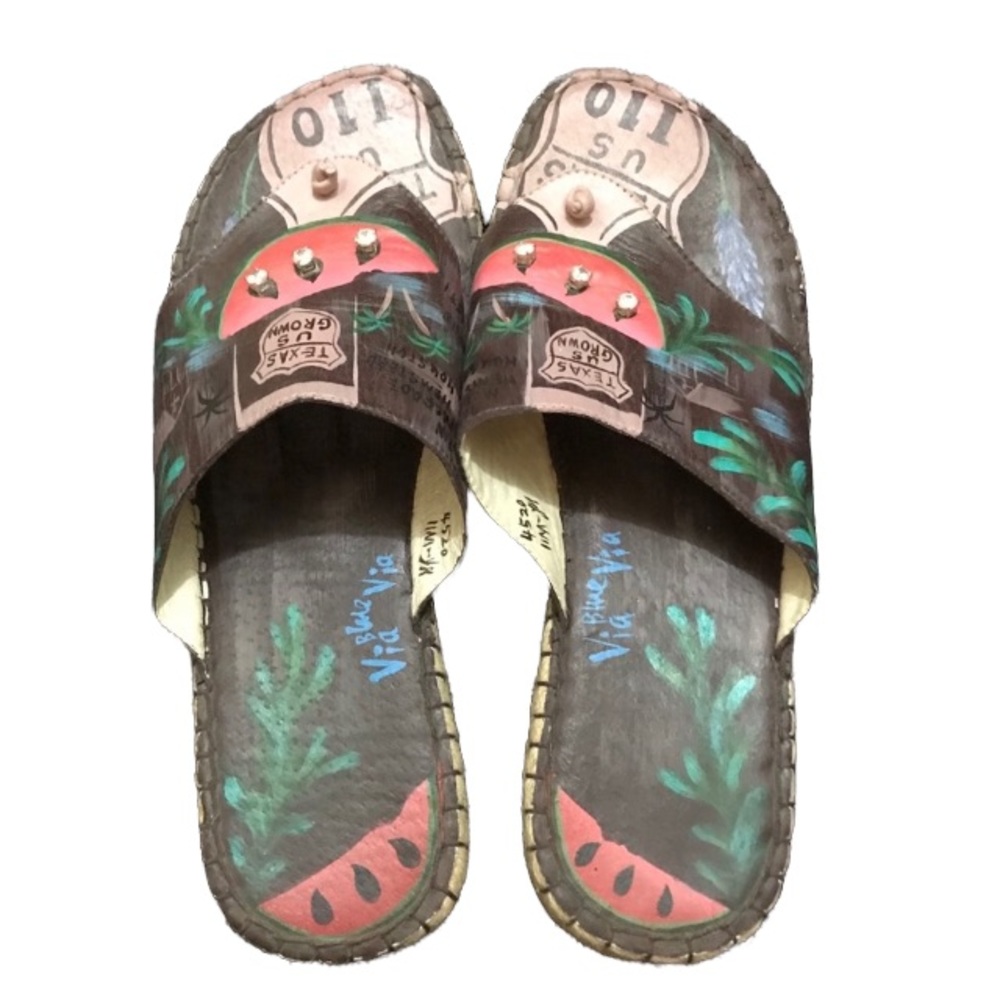 Texas US I10 Themed Custom Sandals Slides Sz 9 Via Blue Via Hand Painted Studded